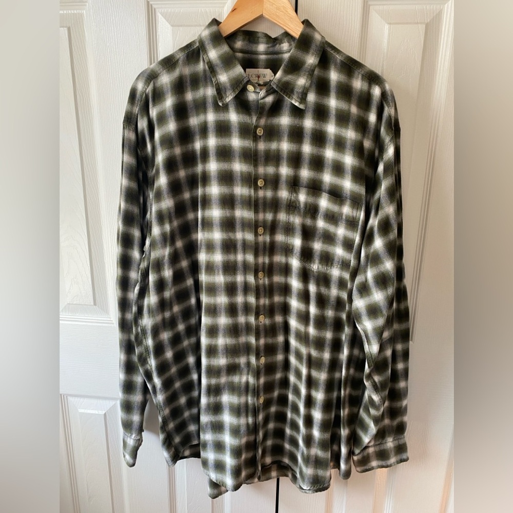 VINTAGE 90’s J.CREW Oarsman Green Black White Plaid Flannel Button Up Shirt XLT